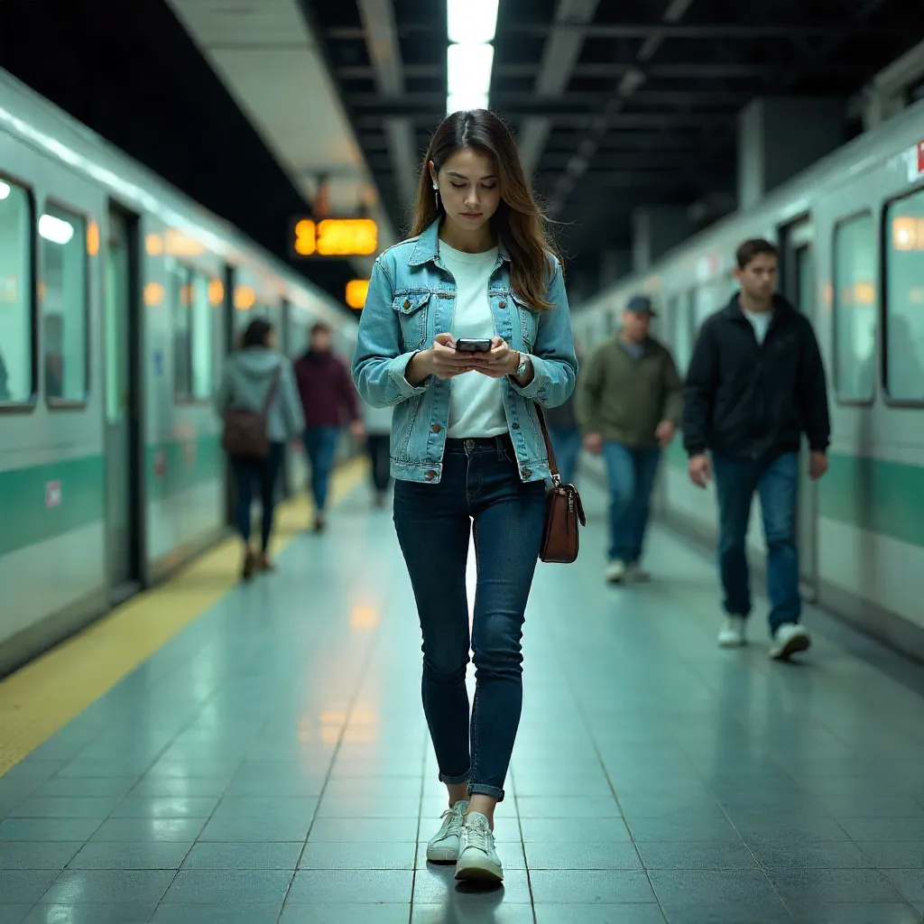 Young woman scrolling smartphone in indoor subway station