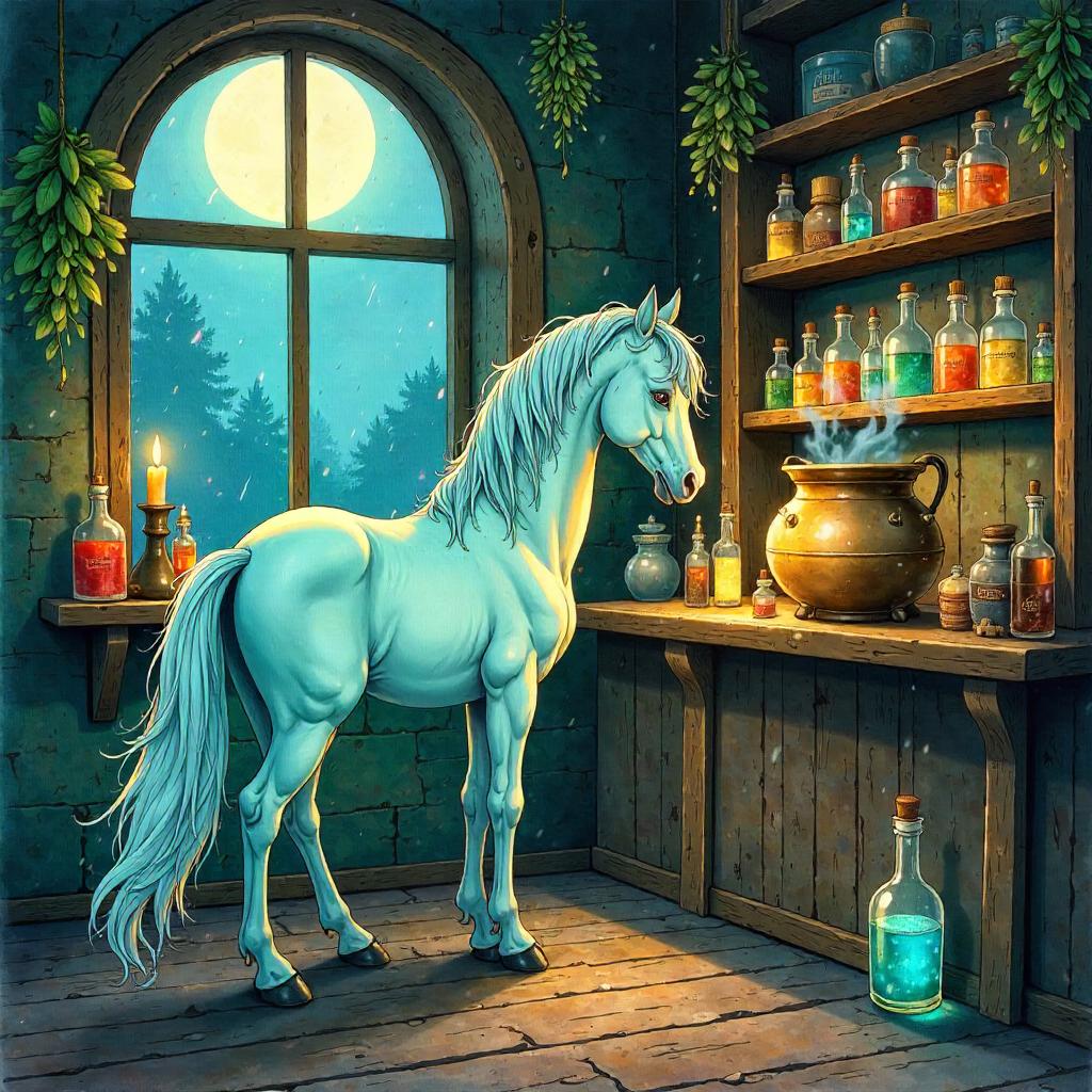 Kelpie in a Watercolor Potion Shop