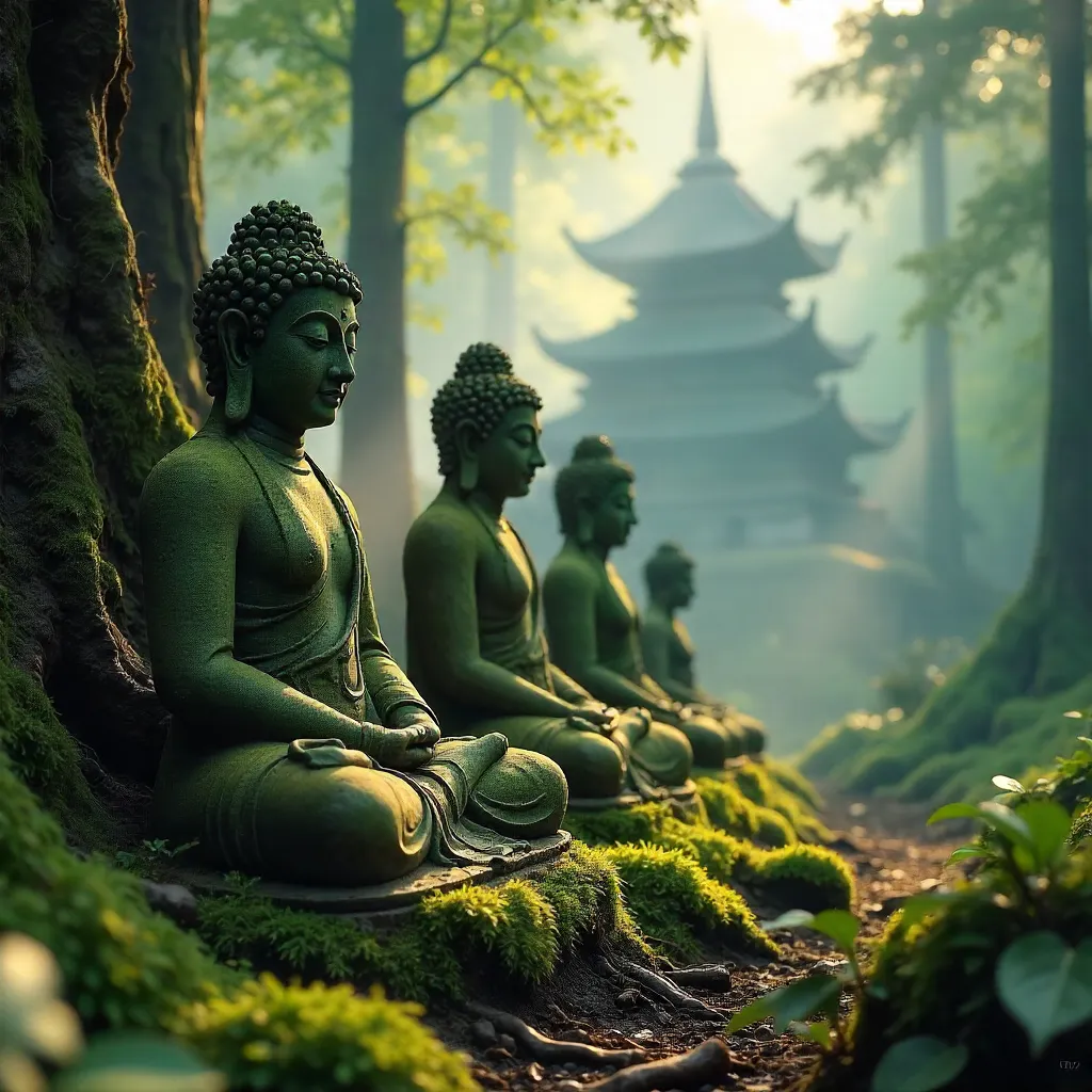 Moss-Covered Buddhist Statues in a Sacred Forest
