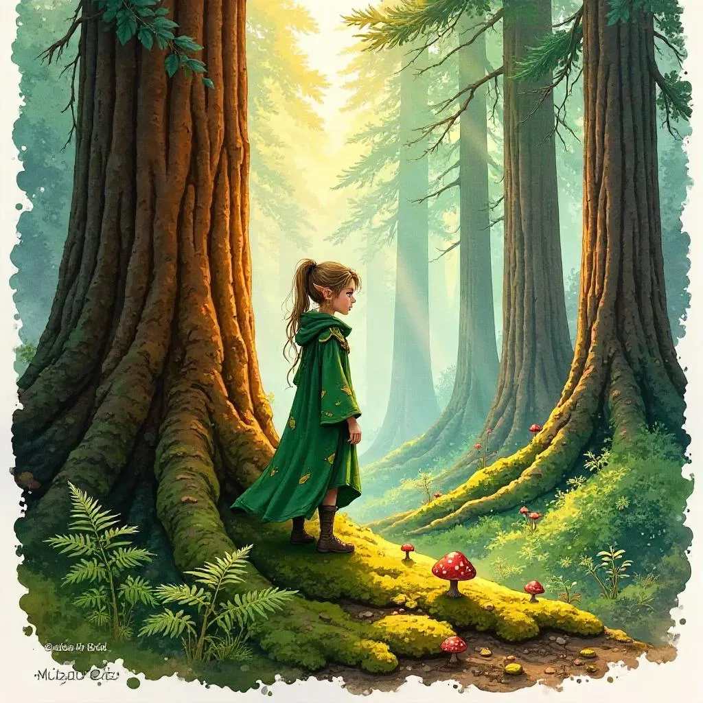 Whispering Elf in a Redwood Forest (Watercolor)