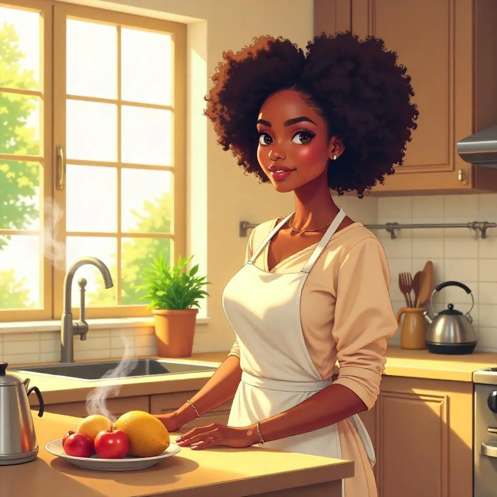 Cozy Anime Kitchen Portrait of a Black Woman