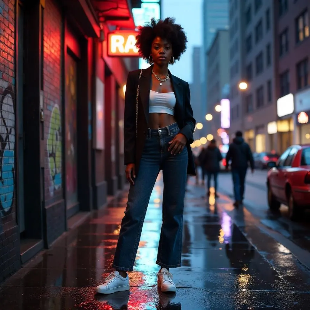 Urban Chic: Photorealistic Black Girl in Neon City
