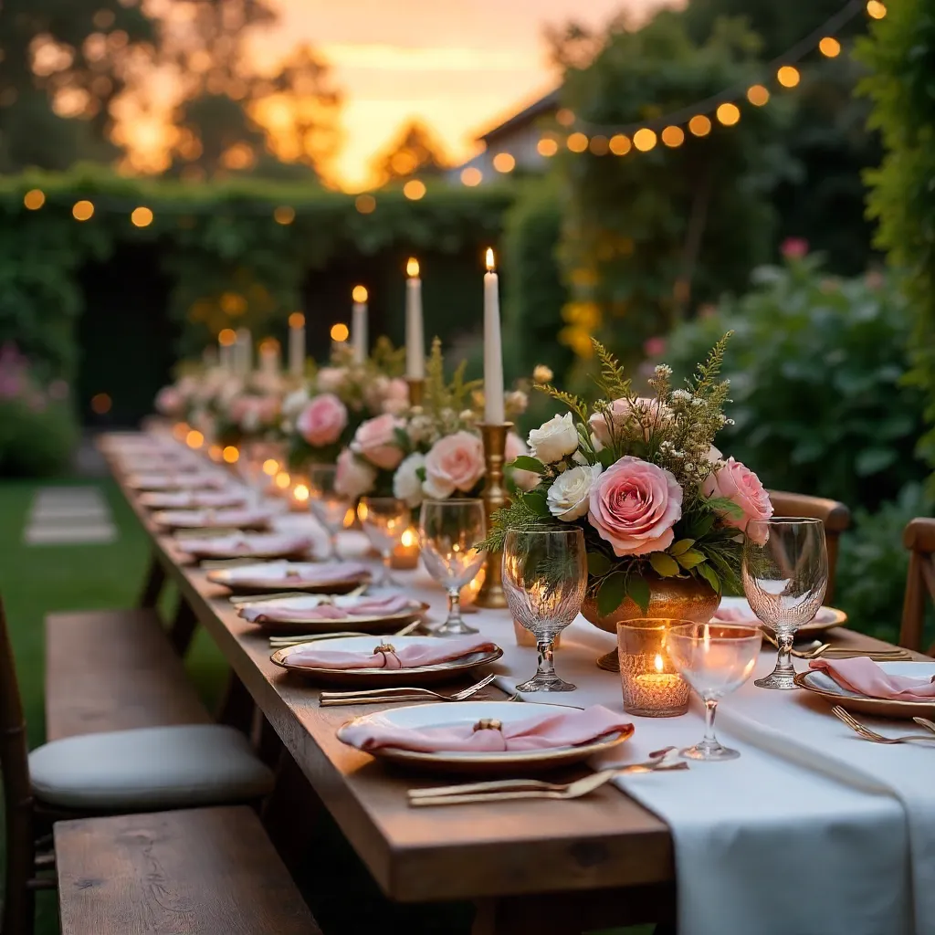 Sunset Garden Dinner: Elegant Tableware & Florals