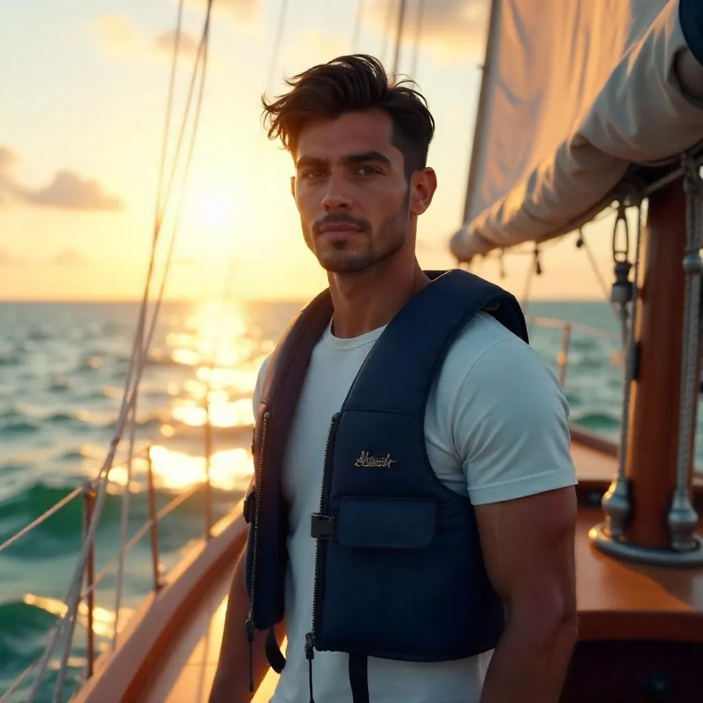 3D Render: Young Latino Man on a Sailboat at Golden Hour