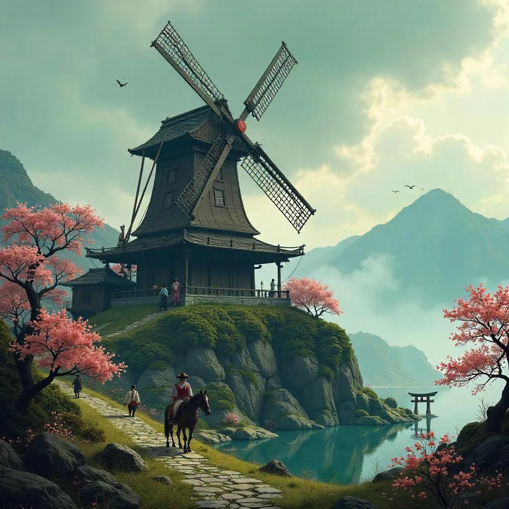 Feudal Japan Windmill Concept Art on a Misty Hill
