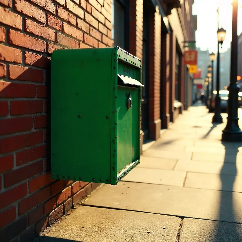 Green Postbox Casting a Long Shadow in Sunlight