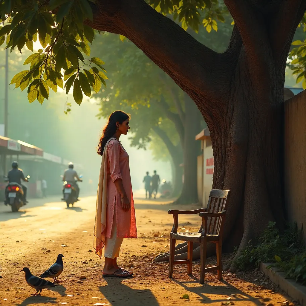Woman by a Wooden Chair Under a Sprawling Tree in New Delhi