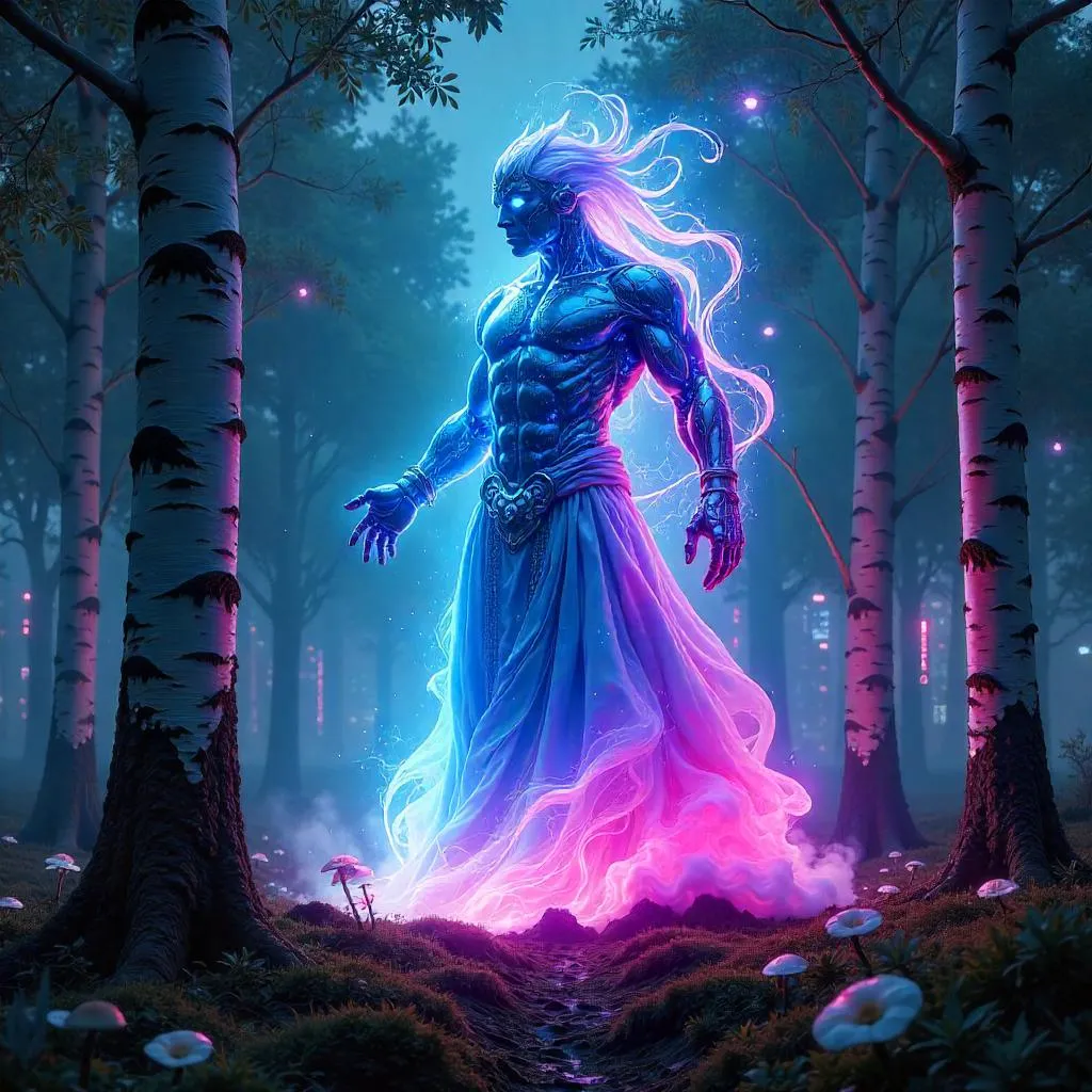 Neon Djinn in a Birch Forest Cyberpunk