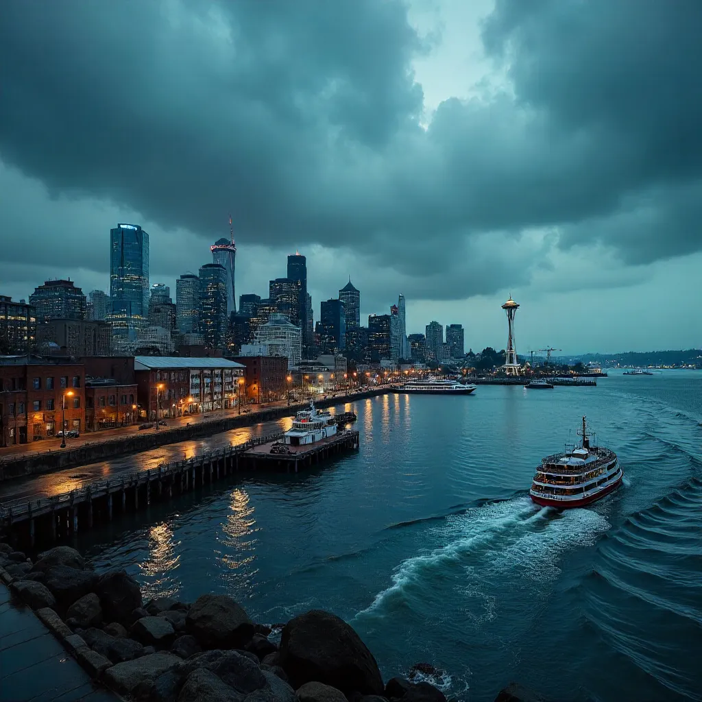 Moody Seattle Waterfront Skyline in Stormy Light