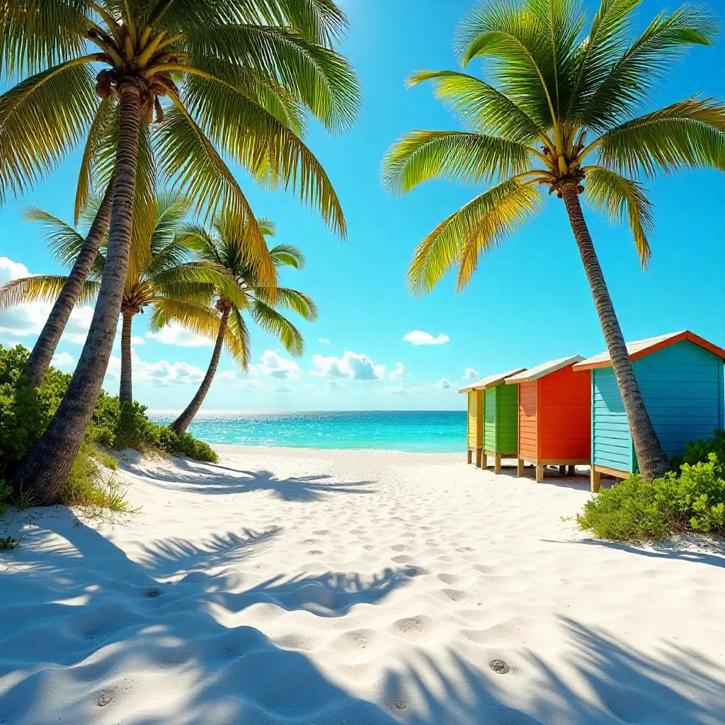 Sunny Florida Beachscape with Palm Trees and Colorful Lifeguard Hut