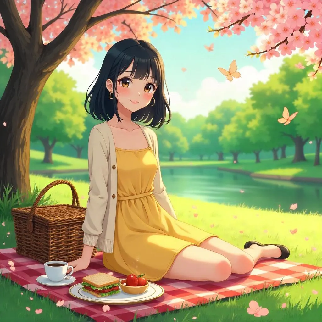 Stylish Asian Girl at a Sunny Anime Picnic