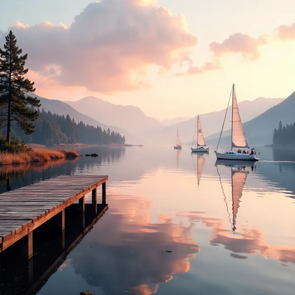 Dawn on a Tranquil Lake with Sailboats