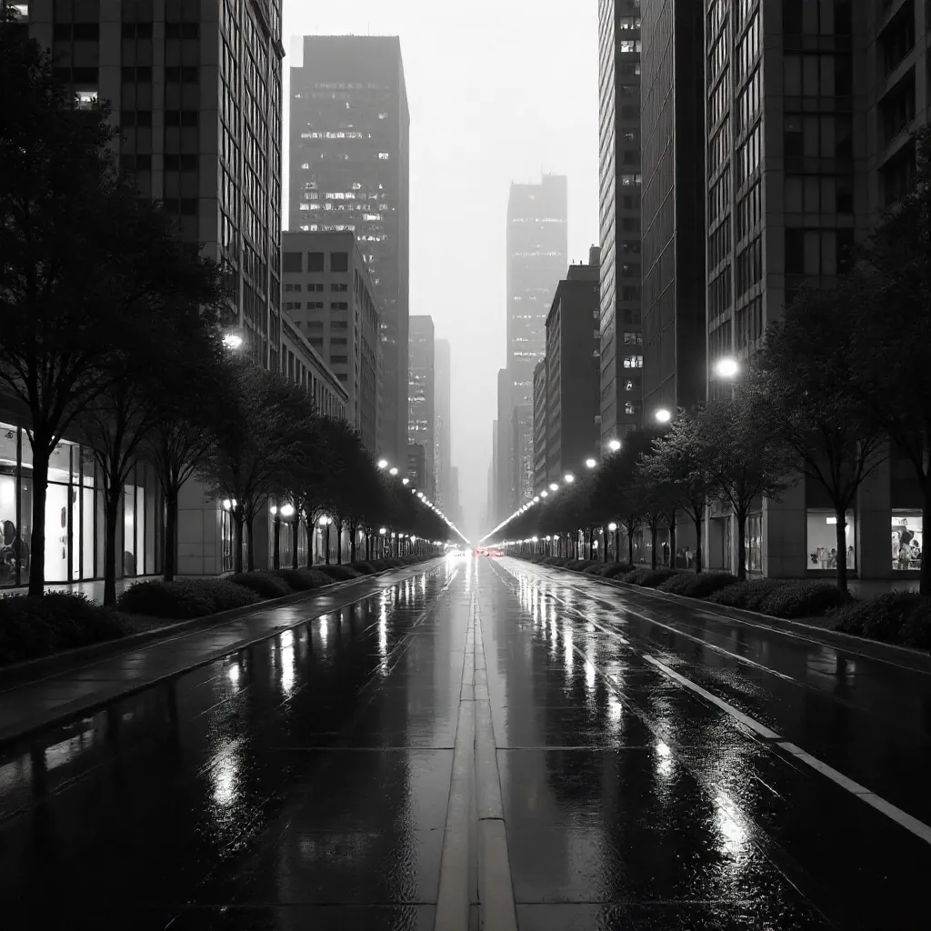 Monochrome Quiet City: Empty Streets Under Tall Skyscrapers