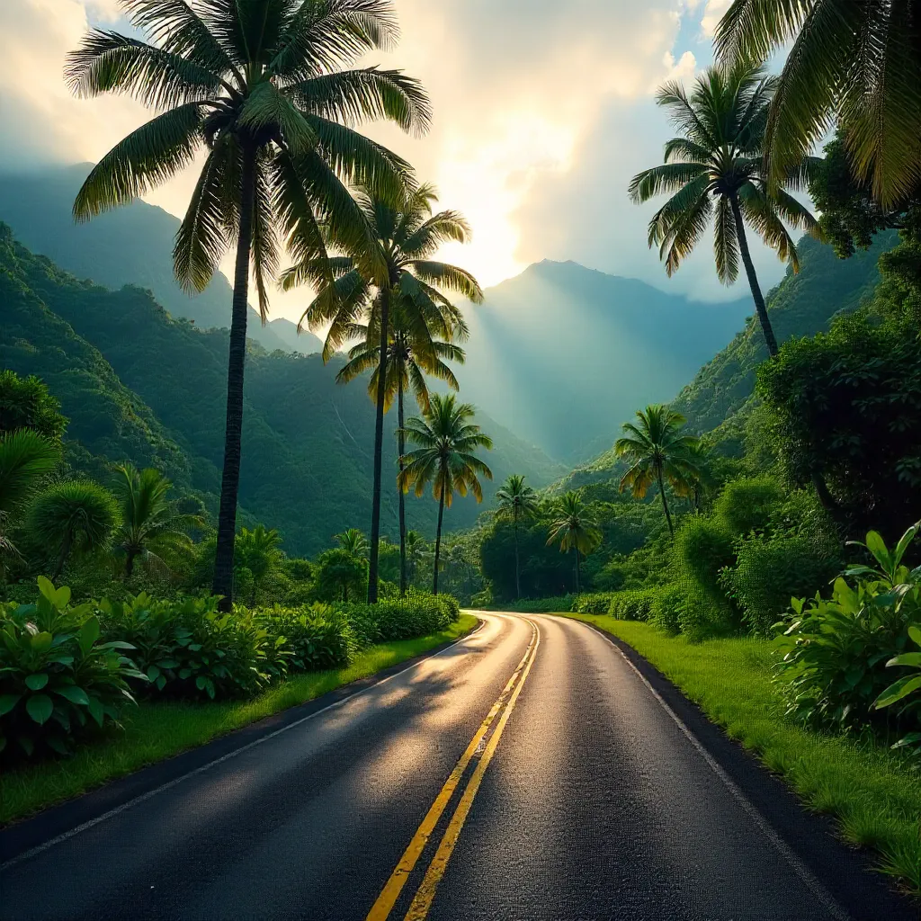 Mist-kissed Hawaii Road Through Palm-Lined Forest