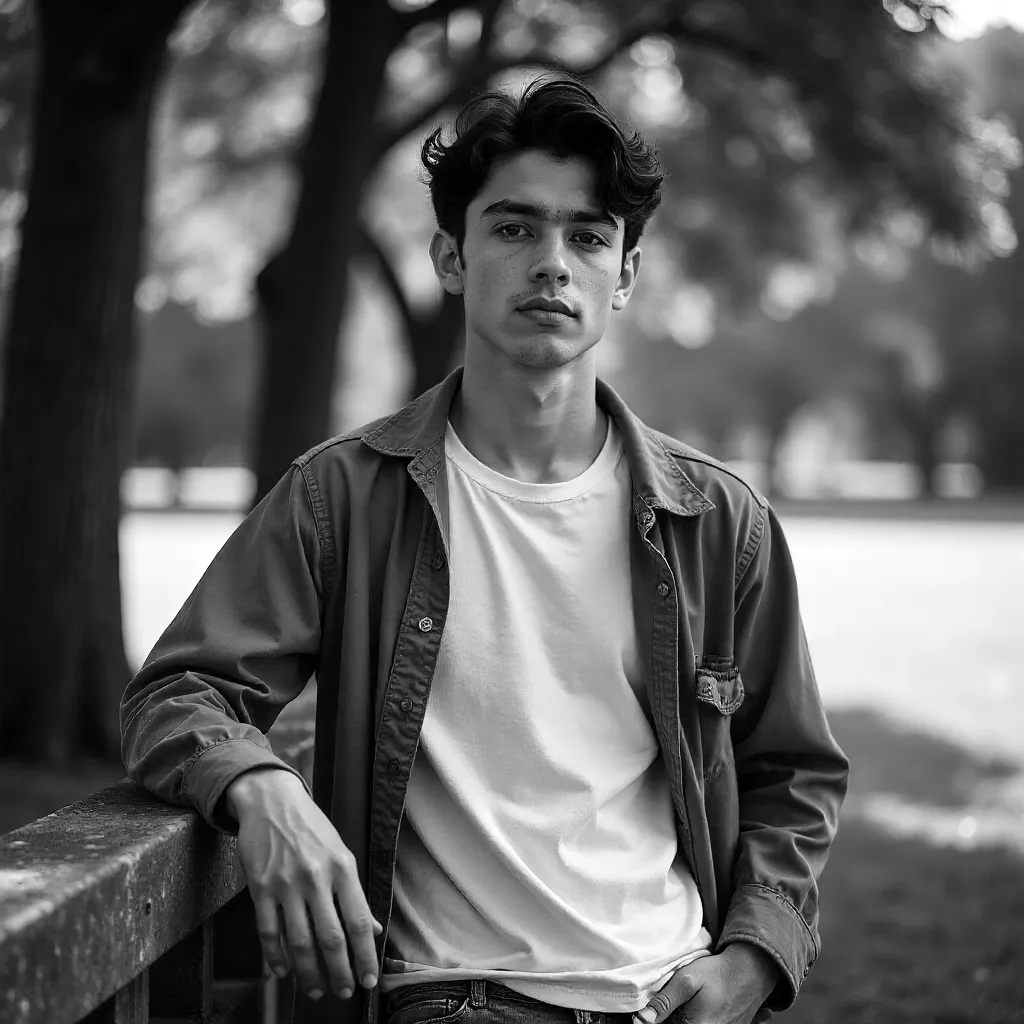 Thoughtful Black-and-White Outdoor Portrait of a Young Man