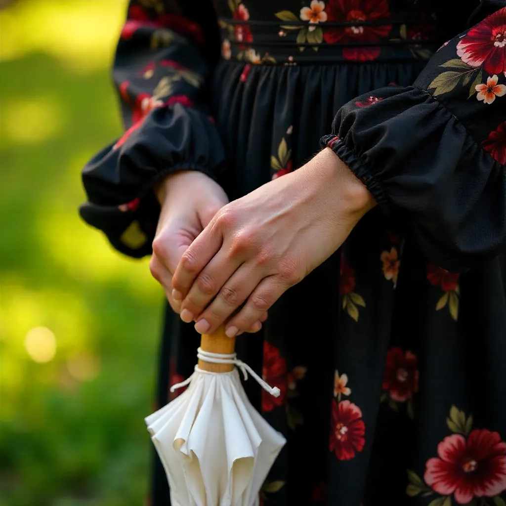 Close-Up: Hands in Black Floral Dress with White Umbrella