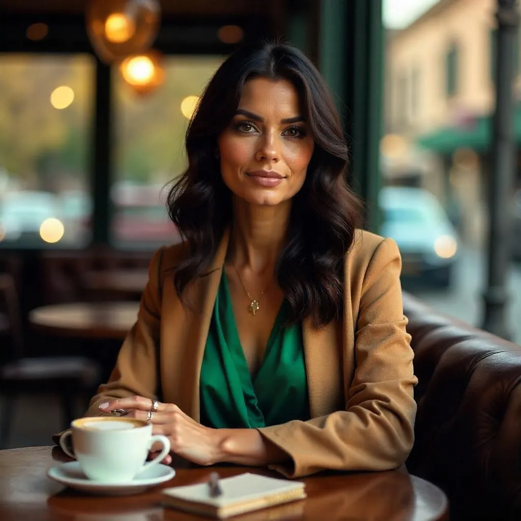 Elegant Latina Woman in a Cozy Cafe