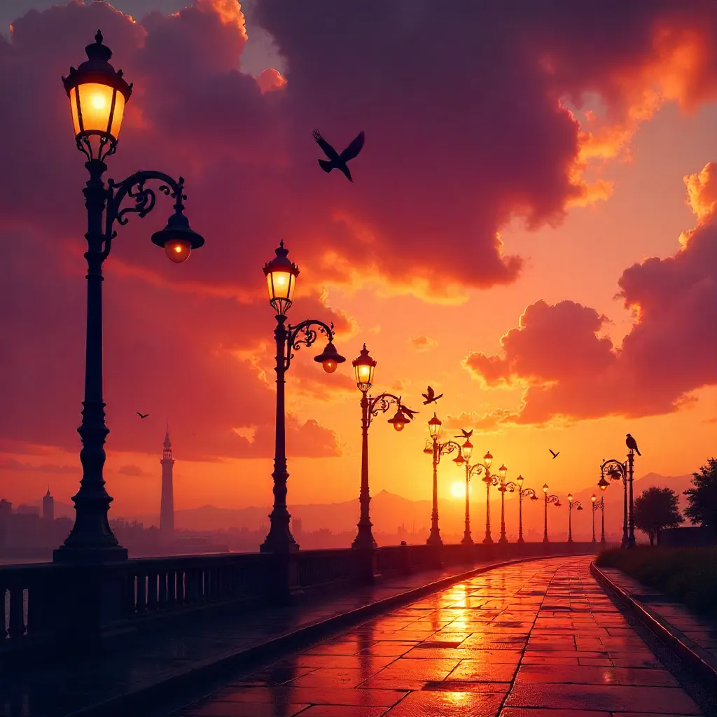 Silhouetted Street Lamps at a Vibrant Sunset