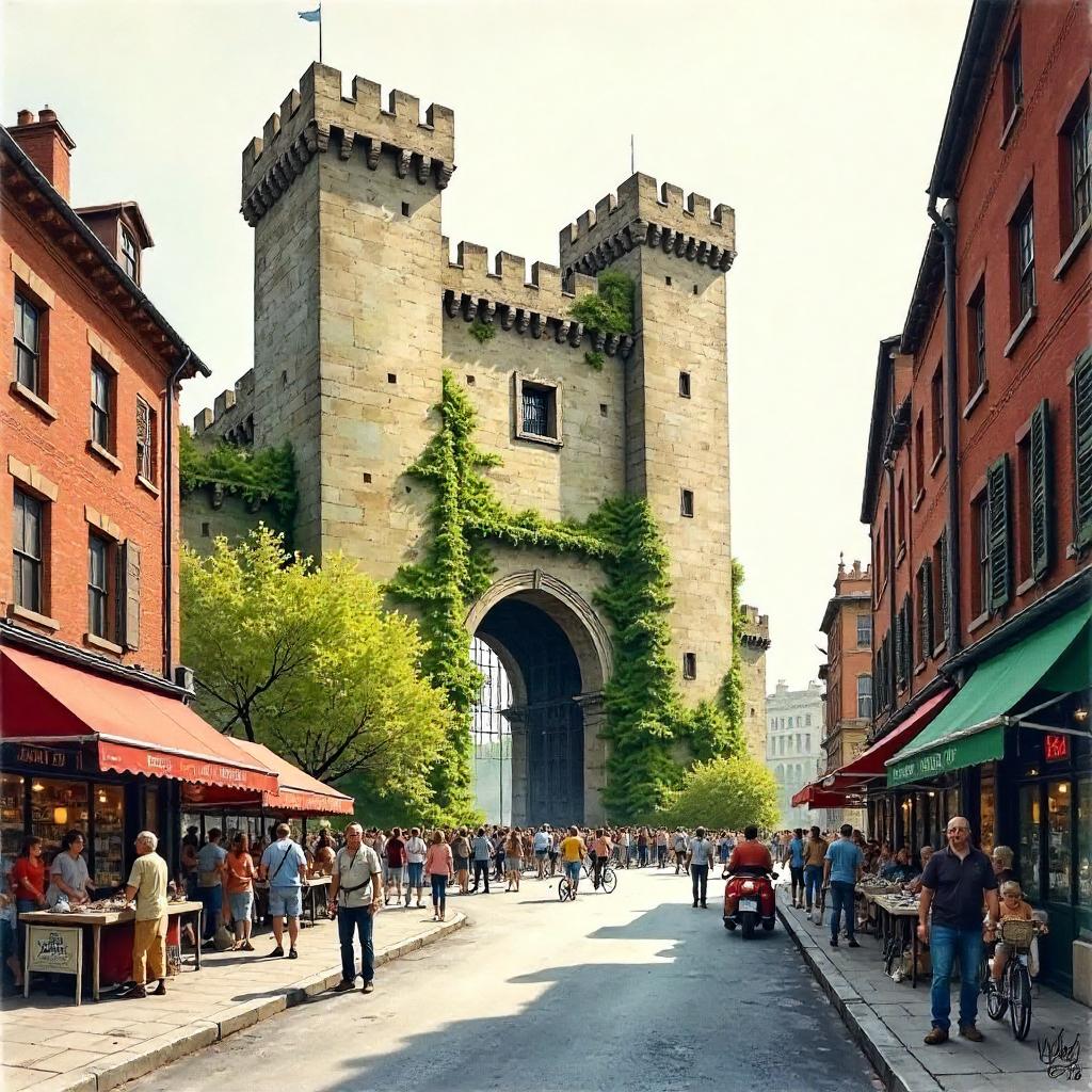 Watercolor Fortress Looming Over a Busy Street