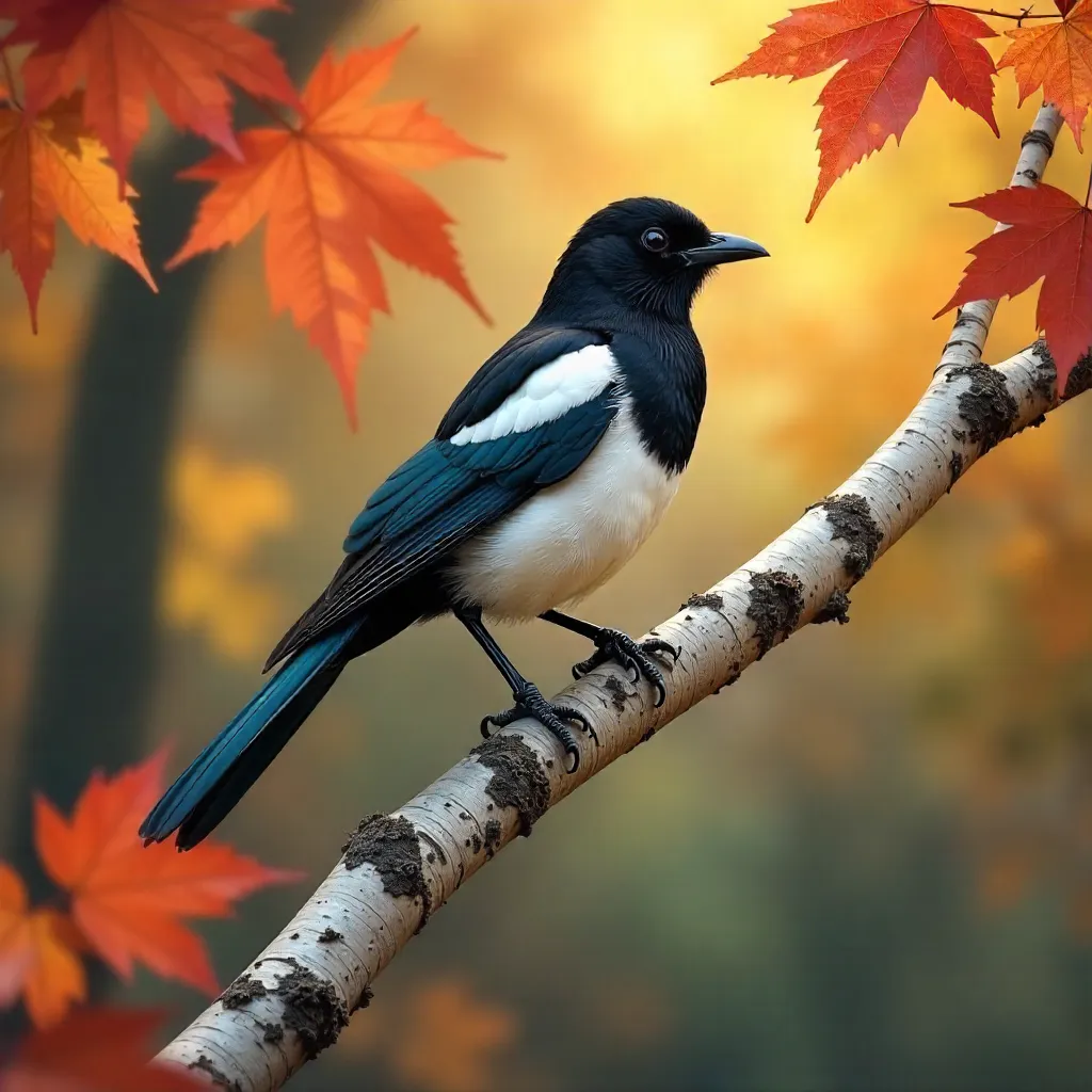 Magpie on Birch Branch Amid Autumn Foliage