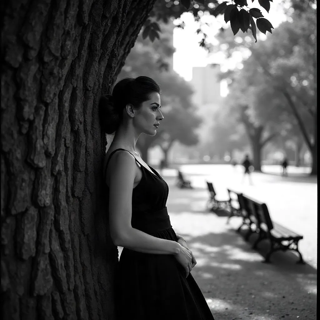 Monochrome Portrait: Woman Leaning by a Tree in Buenos Aires Park