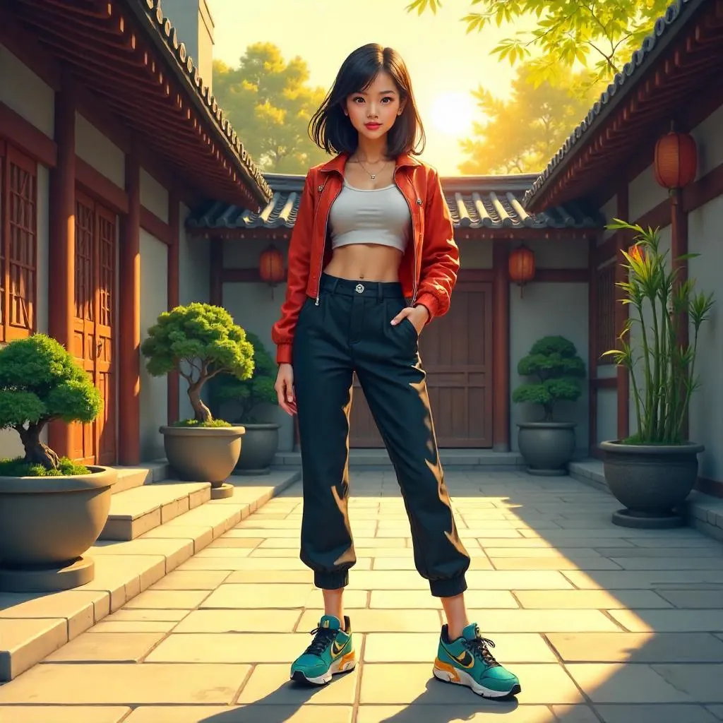 Confident Asian Woman in an Anime Courtyard