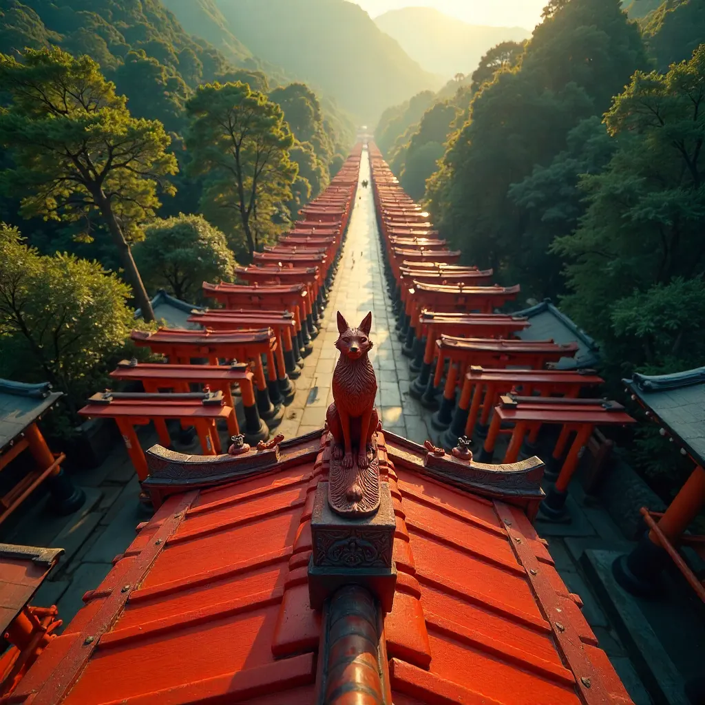 Aerial View: Fushimi Inari Rooftop and Kitsune