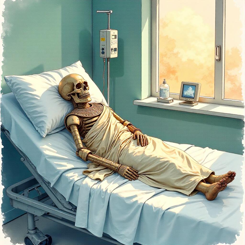 Watercolor Mummy in a Quiet Hospital Ward