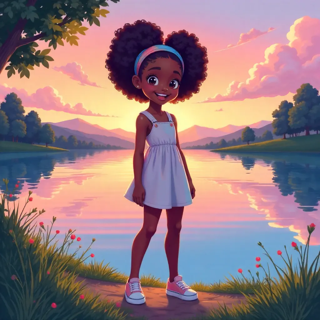 Anime-Style Cheerful Black Girl by the Lake