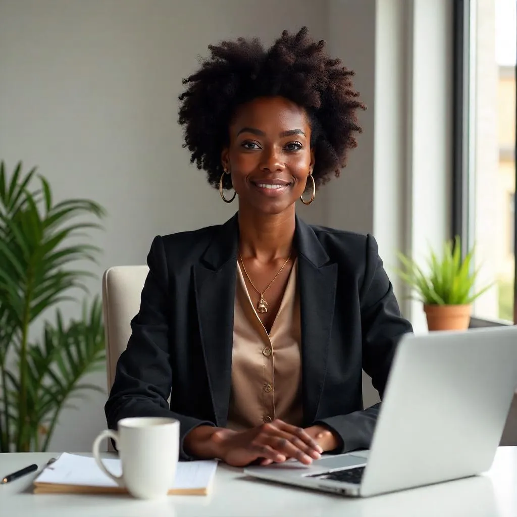 Photorealistic Stylish Black Woman in a Modern Workspace