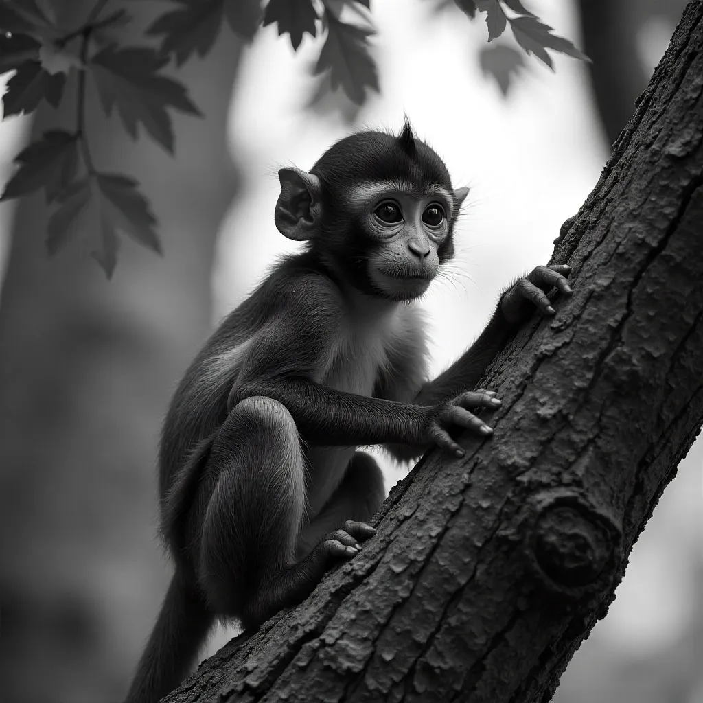 Thoughtful Young Monkey in a Textured Black-and-White Tree Scene