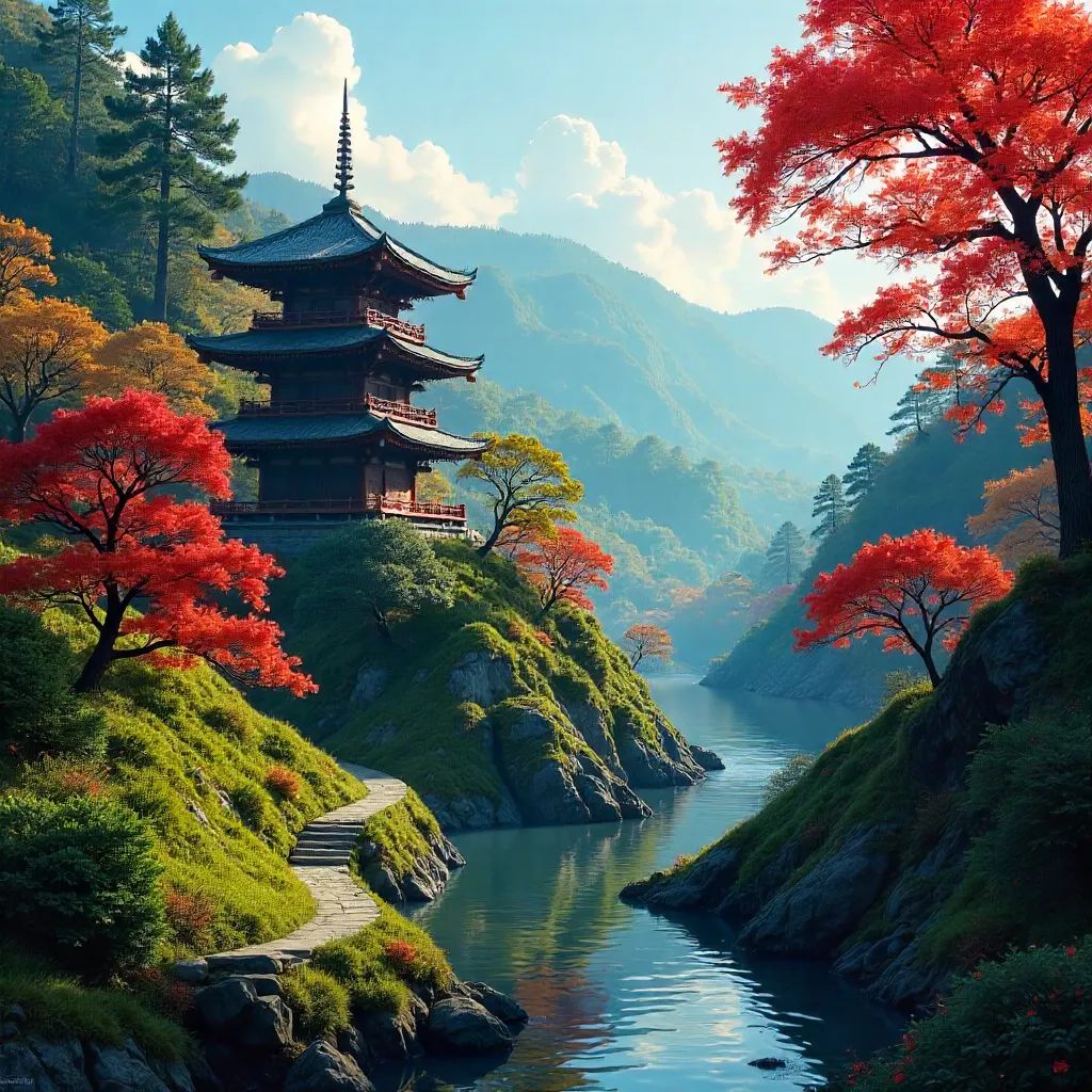Serene Kyoto Forest and Pagoda Under Clear Sky