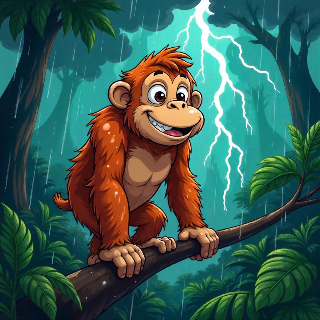 Cartoon Orangutan in a Dramatic Thunderstorm
