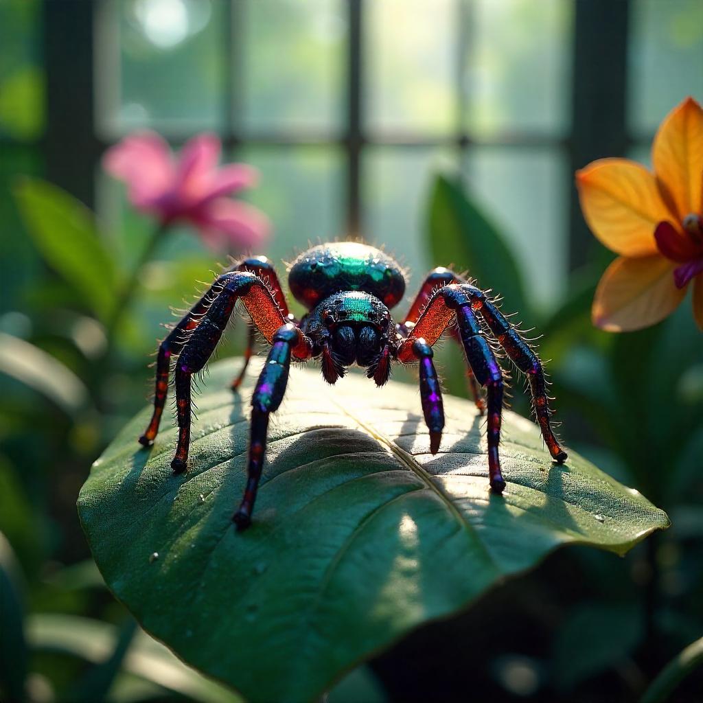 Iridescent Spider in a Misty Greenhouse