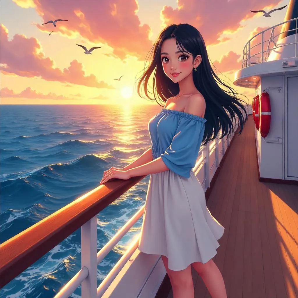 Anime-Style Cruise Deck Portrait of a Young Asian Woman