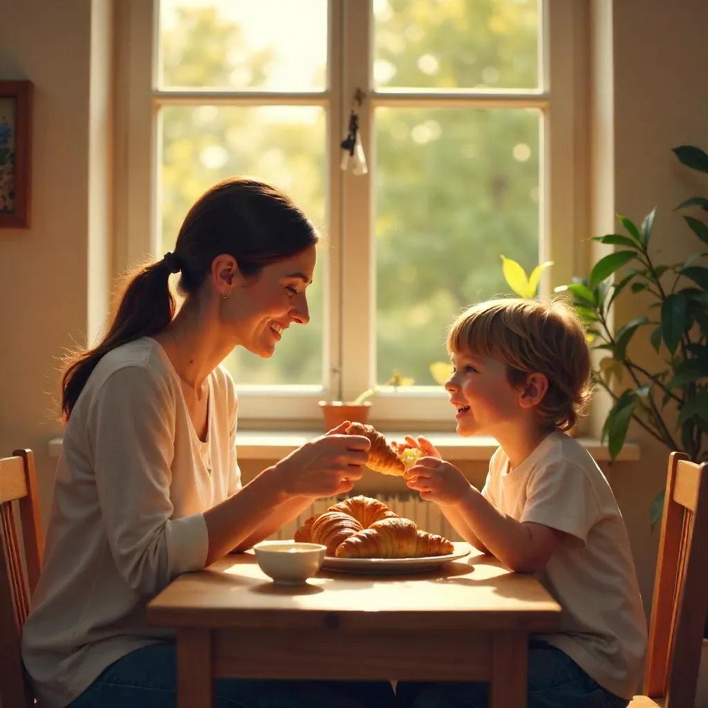 Sunlit Breakfast with Mother and Child by the Window