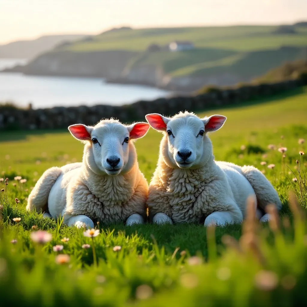 Two Sheep Resting in a Lush Bude Field