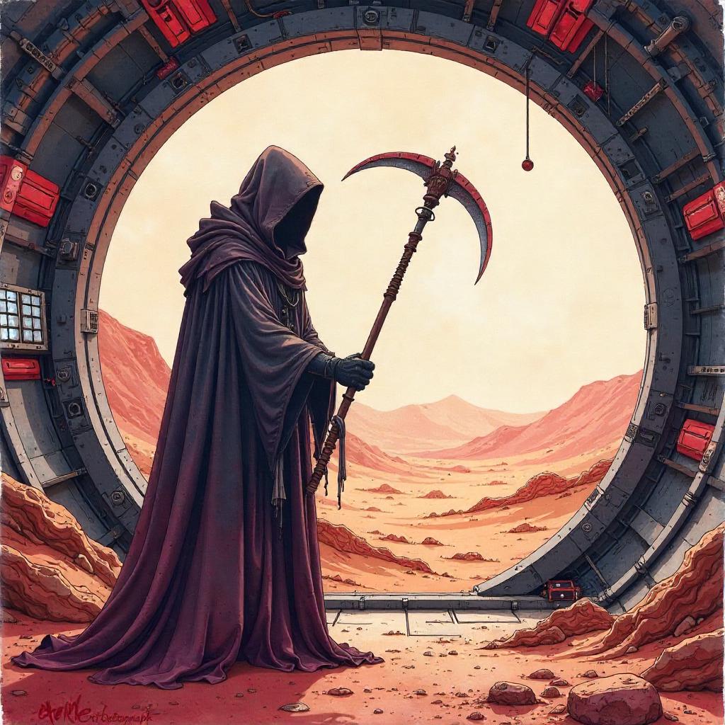 Watercolor Grim Reaper in a Martian Base