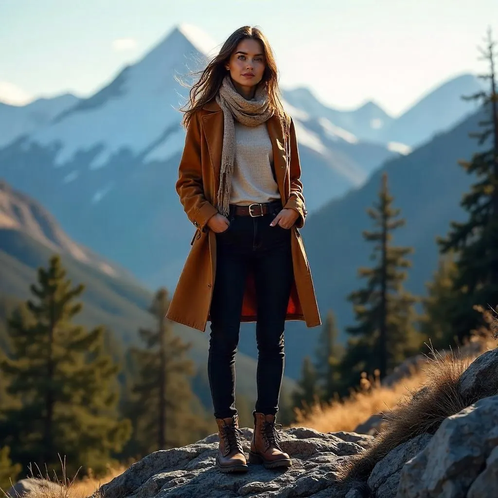 Alpine Fashion: Photorealistic Caucasian Woman in Snowy Peaks