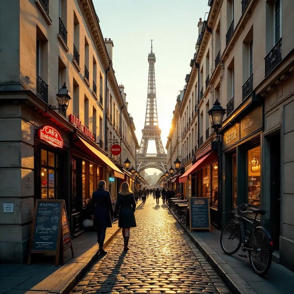 Paris Street View: Eiffel Tower Framed by Unique Signs