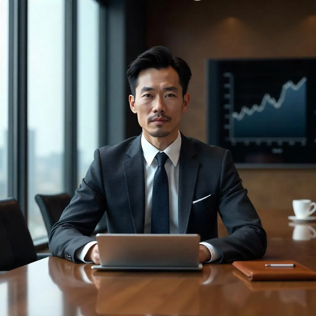 Photoreal Portrait of a Handsome East Asian Man in a Boardroom