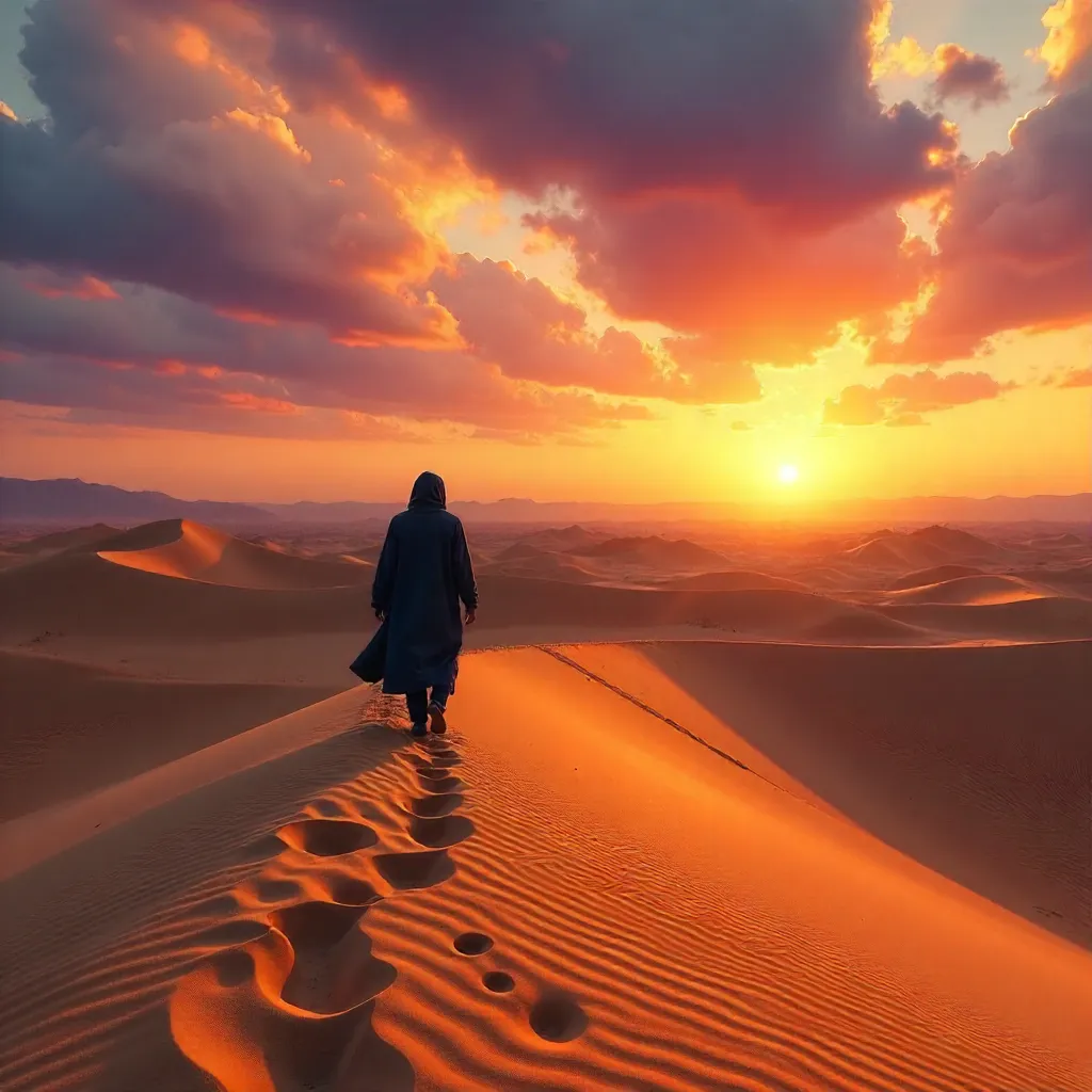 Desert Sunset: Lone Figure Among Dunes