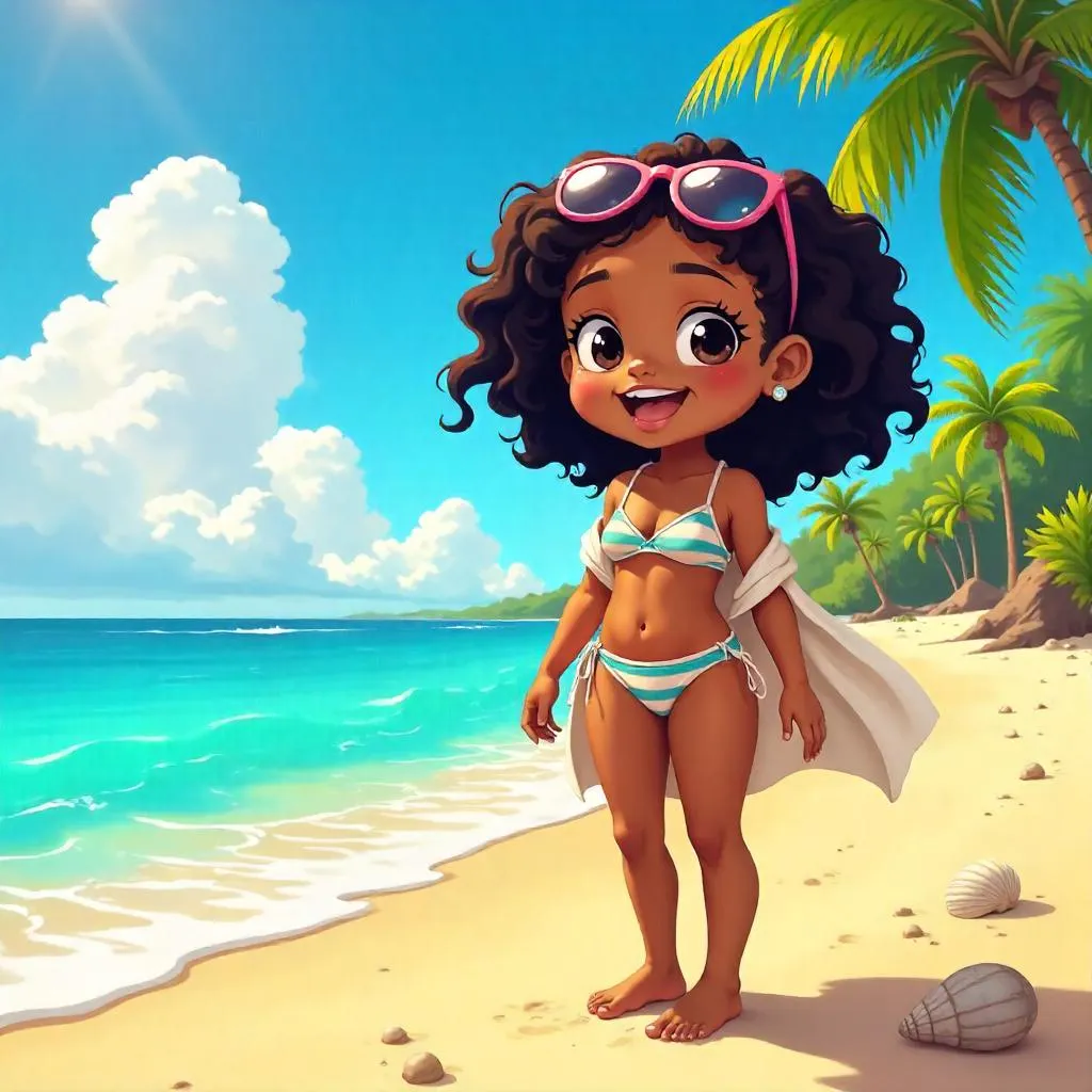 Cheerful Black Girl on the Beach in Anime Style