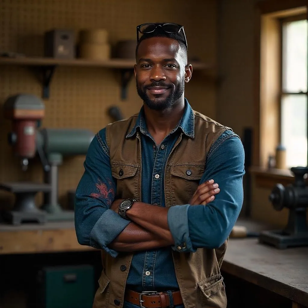 Confident Black Man in a Photorealistic Workshop