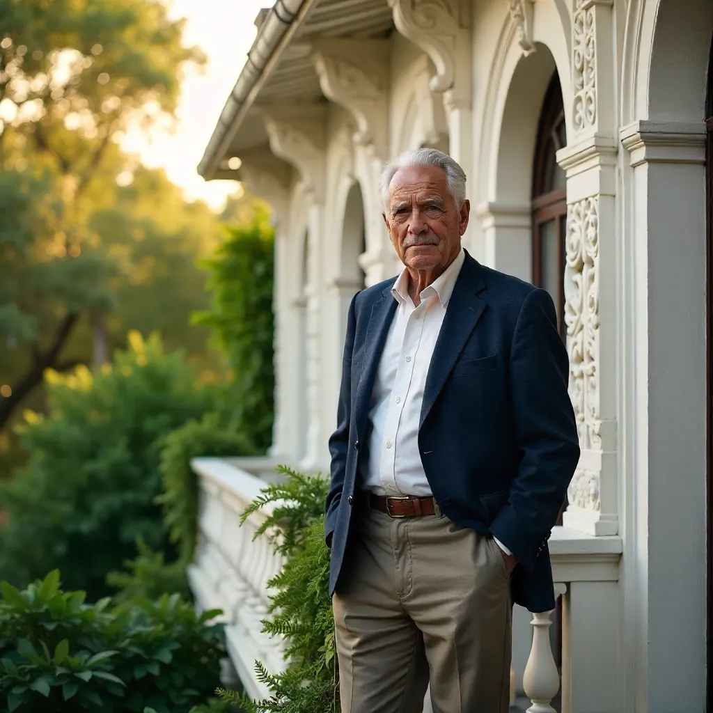 Senior Man on an Ornate White Balcony with Greenery