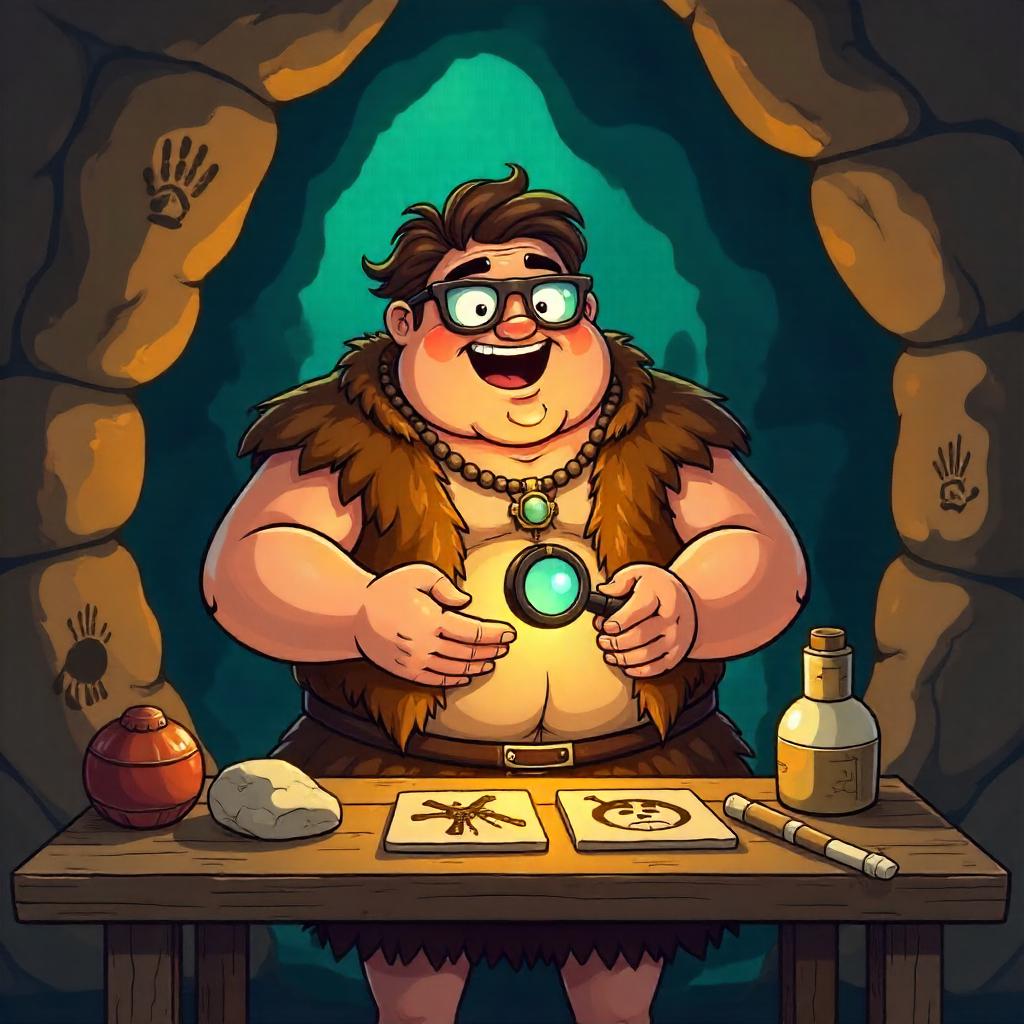 Stone Age Cartoon Scientist in Cave Lab