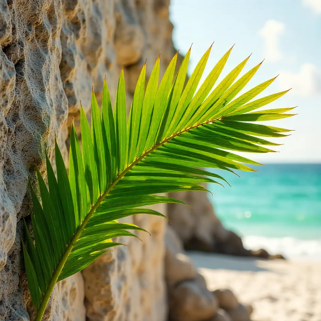 Vibrant Palm Leaf Against Tulum Stone Wall