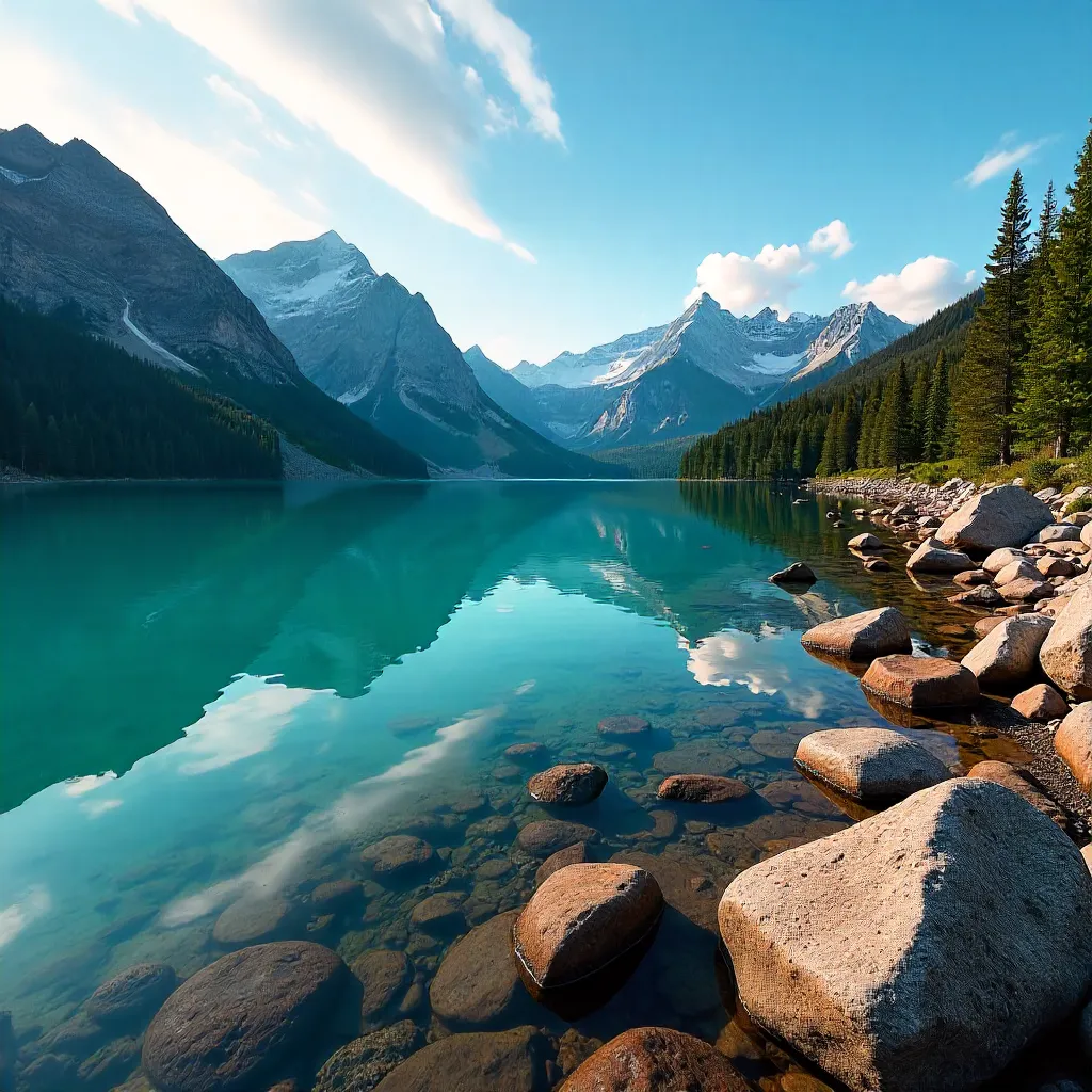 Expansive Tranquil Mountain Lake Under a Vibrant Sky