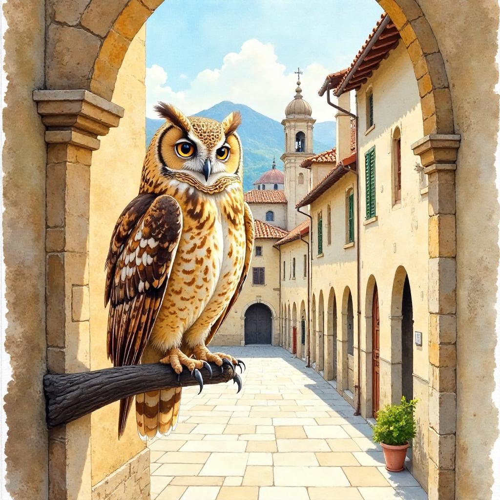 Owl in Watercolor: Renaissance Italy Scene
