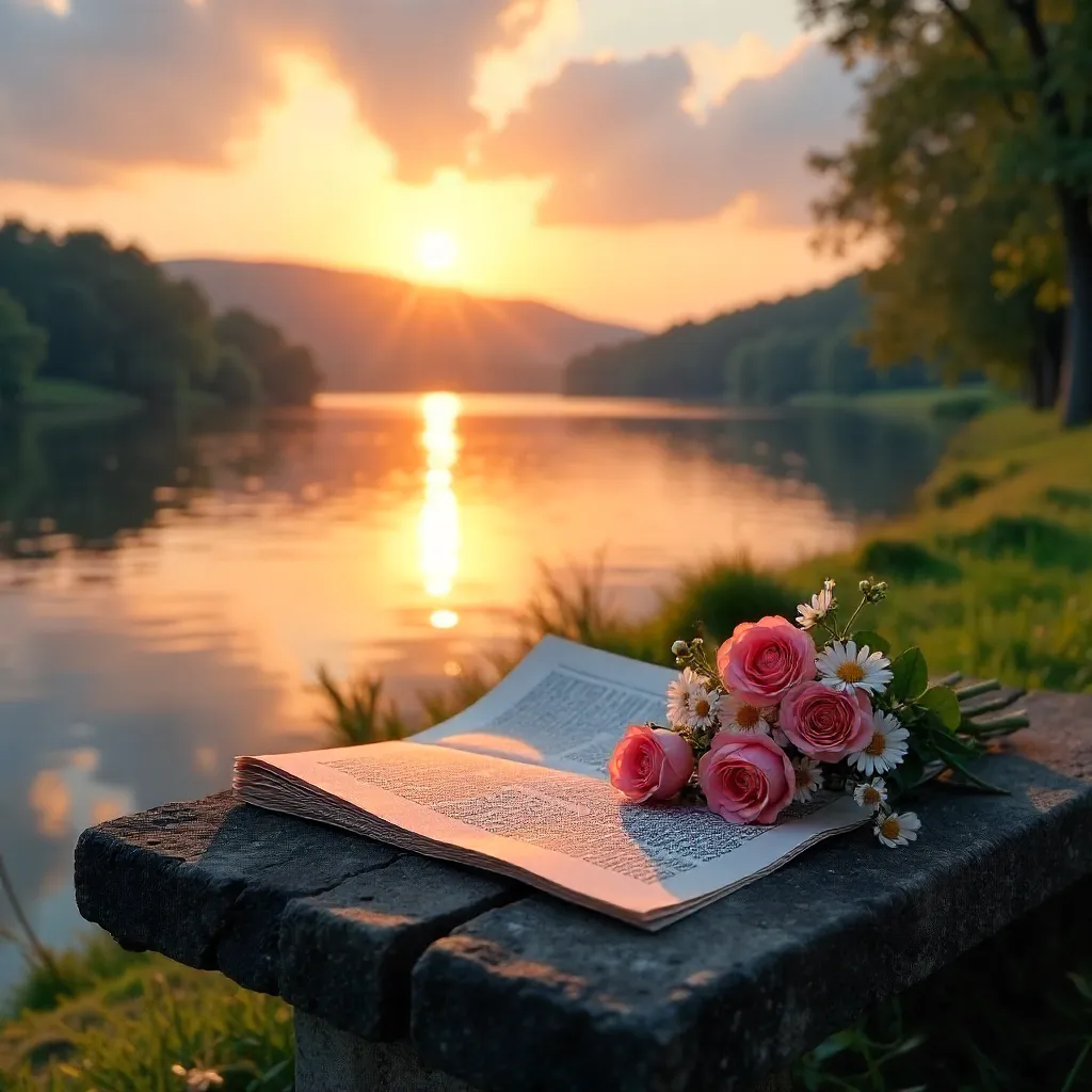 Sunset Serenity: Newspaper, Flowers, and Stone Seat